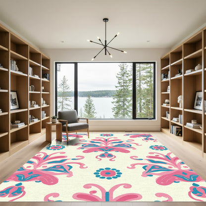 Whimsical Pink Teal Floral Medallion Rug