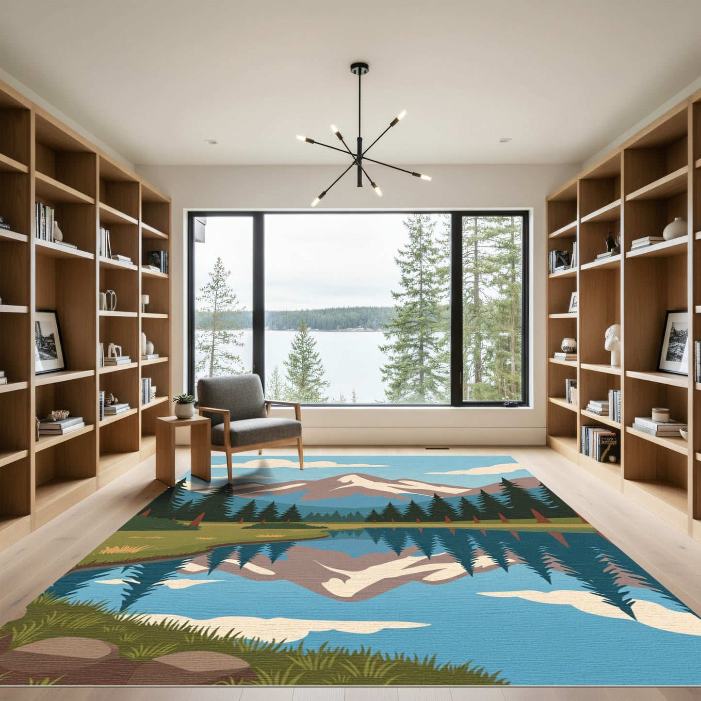 Earthy Green Forest Lake Reflection Rug