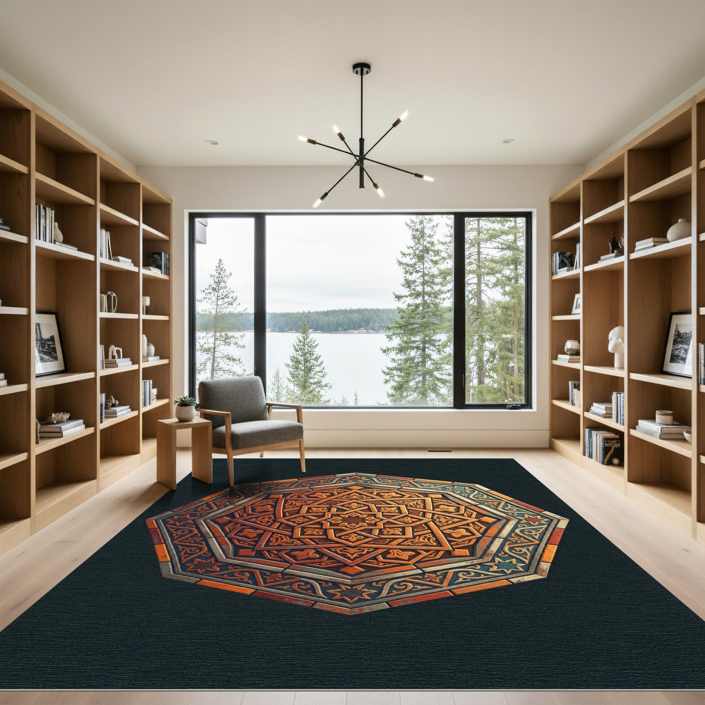 Carved Octagon Orange Blue Intricate Rug