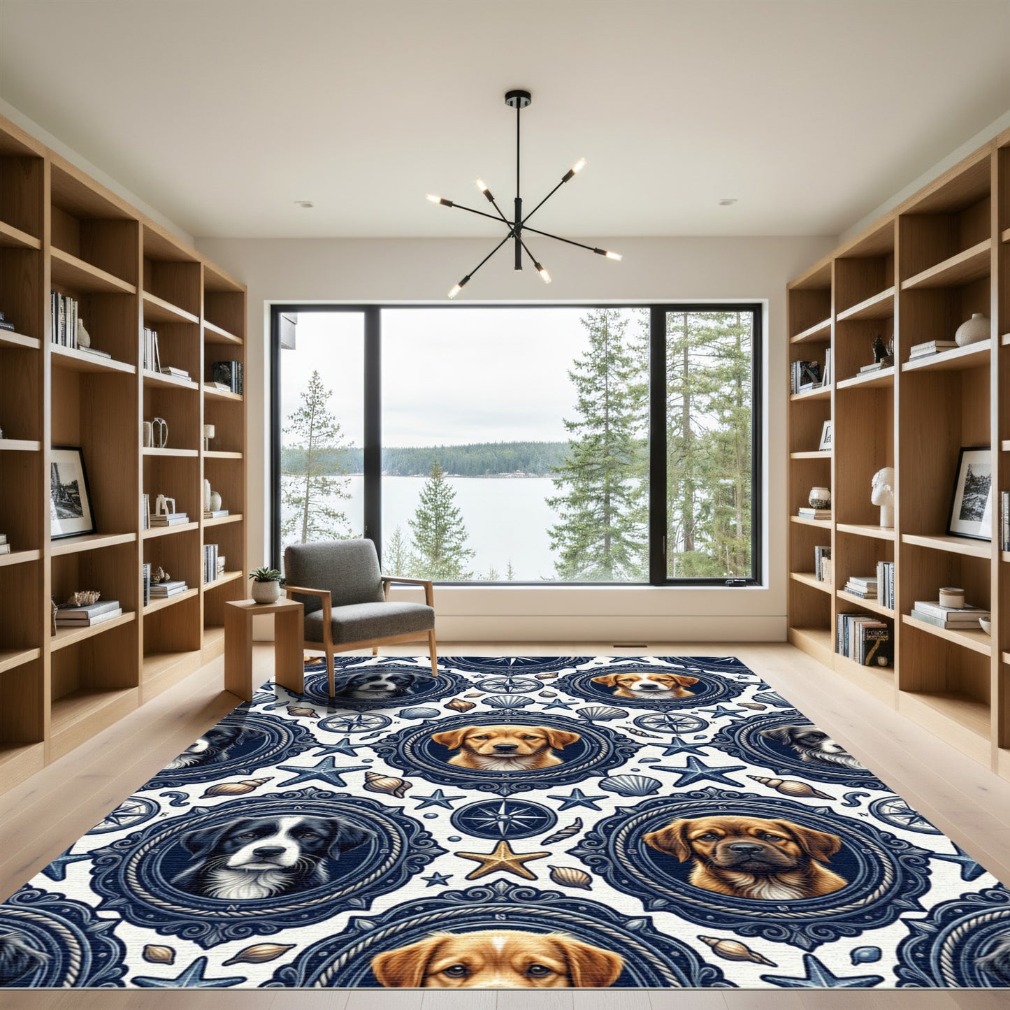 Nautical Dog Portrait Navy Compass Medallion Rug