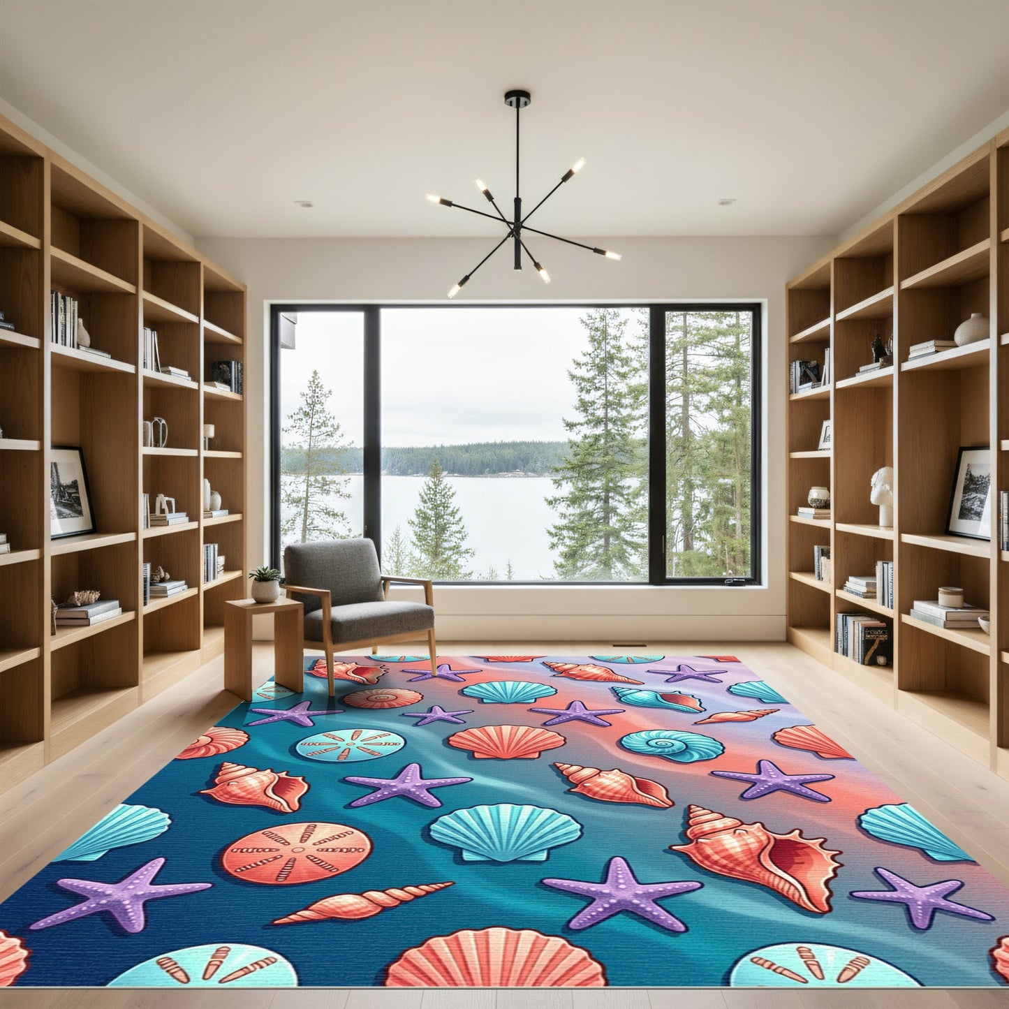 Coastal Blue and Coral Seashell Ocean Rug