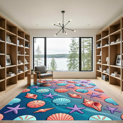 Coastal Blue and Coral Seashell Ocean Rug