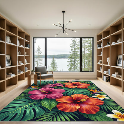 Vibrant Tropical Hibiscus Leaf Bouquet Rug