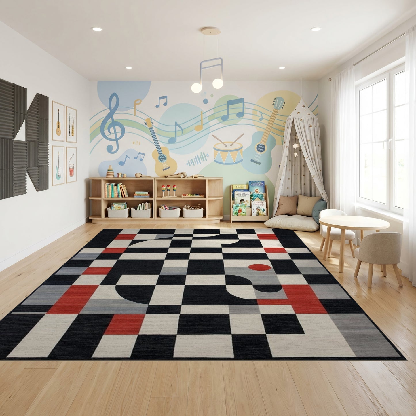 Modern Black White Red Checkerboard Rug