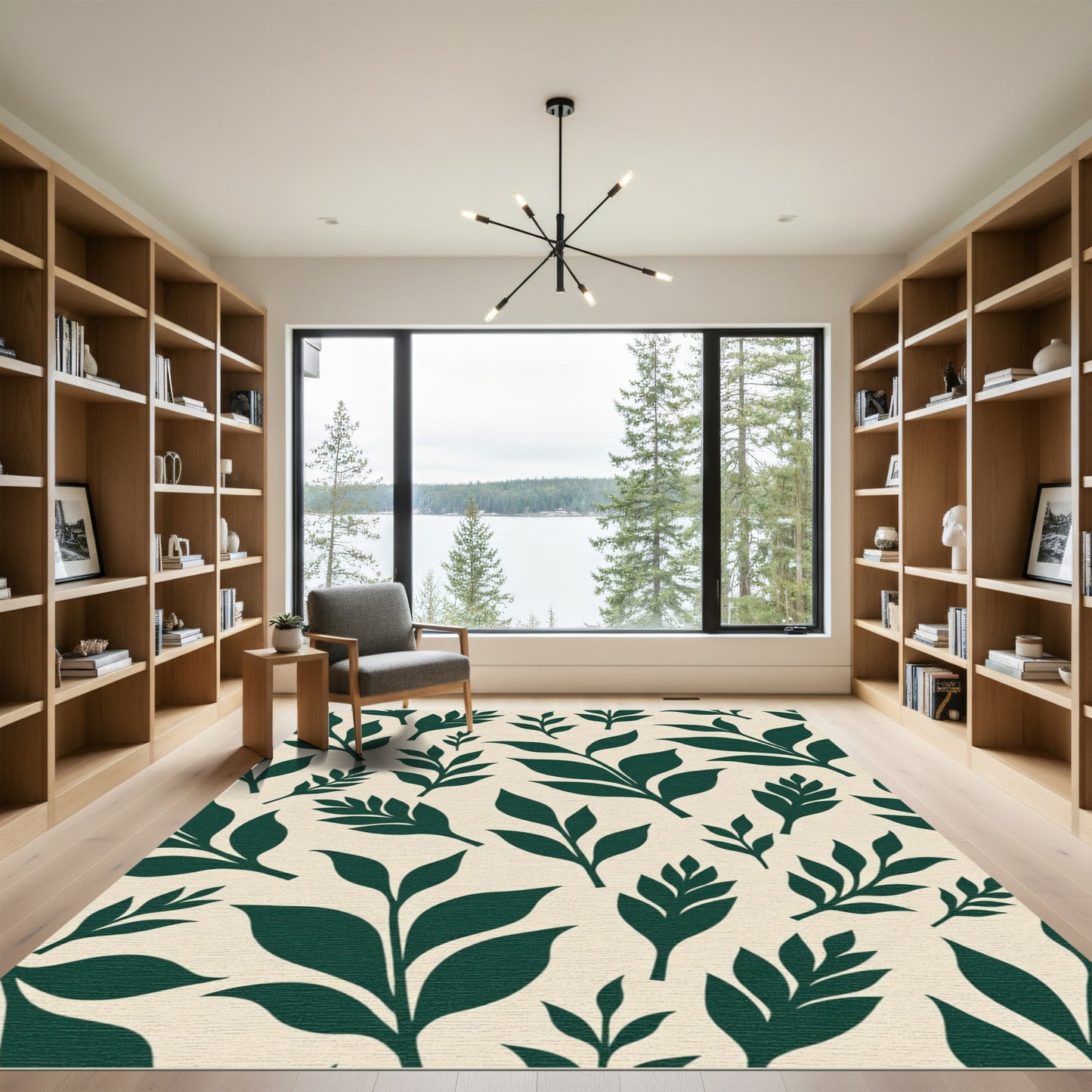 Deep Green Leafy Sprigs Cream Rug
