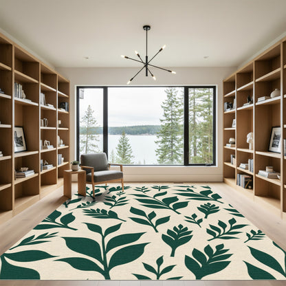 Deep Green Leafy Sprigs Cream Rug