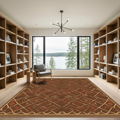 Earthy Brown Geometric Maze Rug