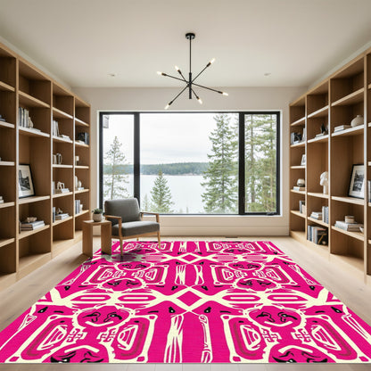 Bold Pink Ivory Tribal Faces Rug