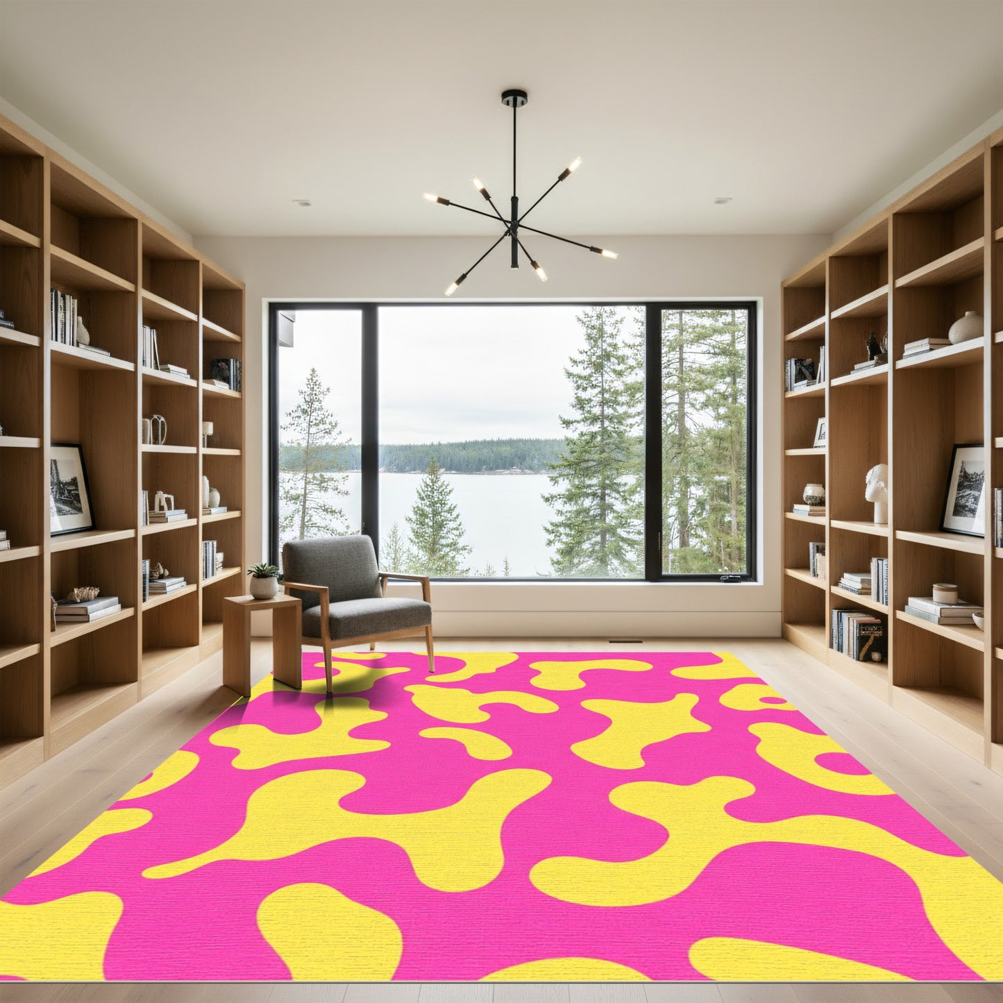 Vibrant Yellow Amoeba Pink Background Rug