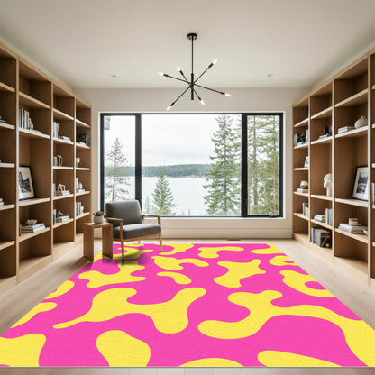 Vibrant Yellow Amoeba Pink Background Rug
