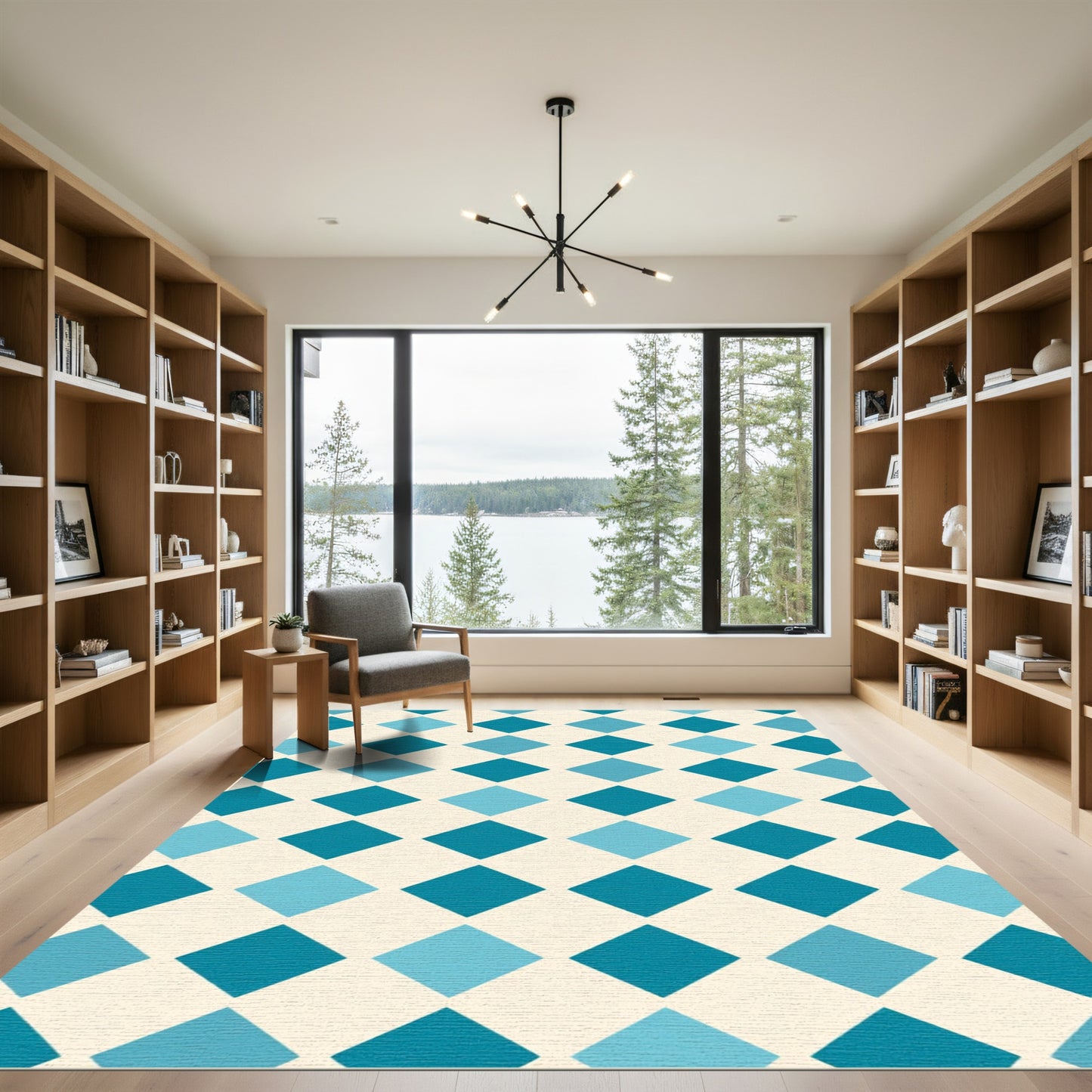 Teal Blue Diamond Grid Rug