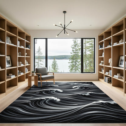 Dark Gray Crashing Ocean Waves Rug