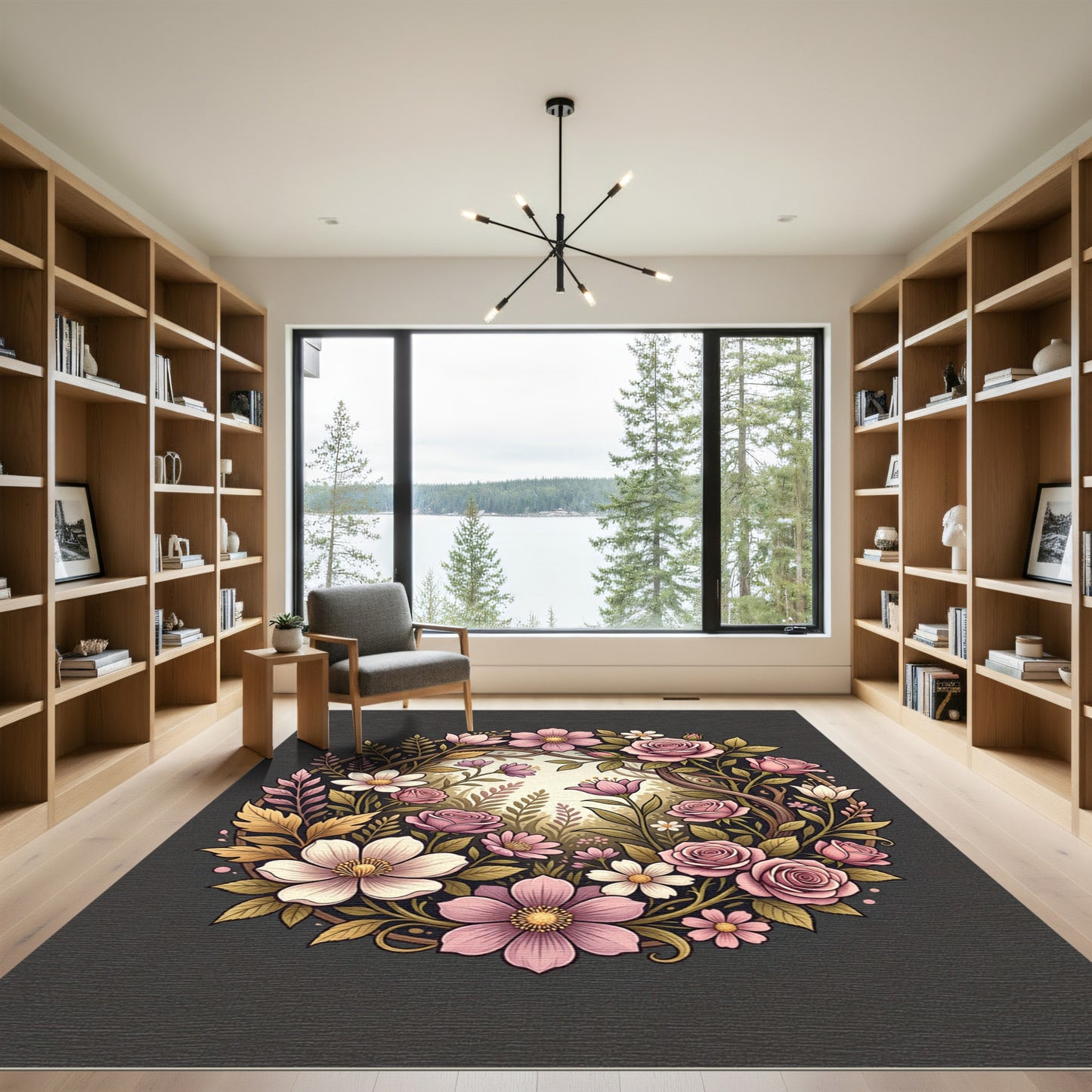 Elegant Pink Rose Floral Wreath Rug