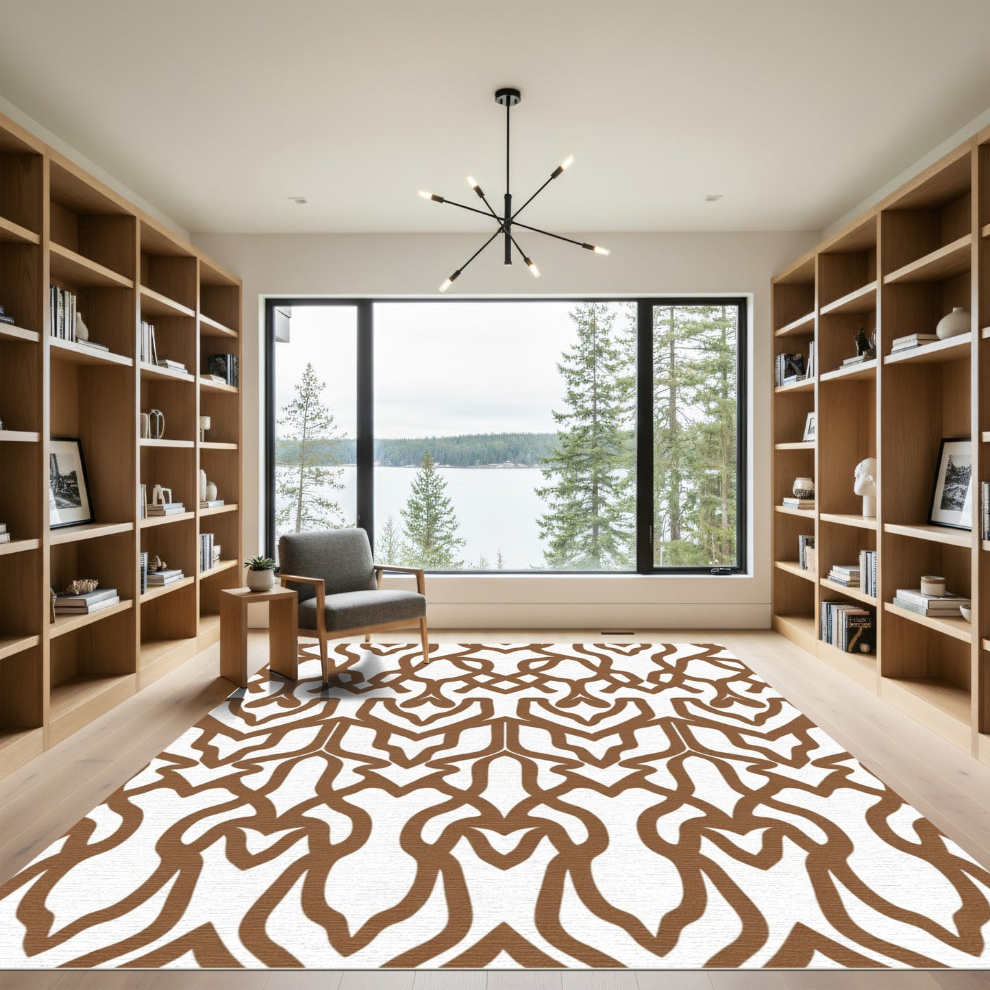 Ornate Brown Repeating Scroll Rug