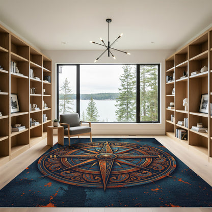 Ornate Blue Orange Compass Rose Rug