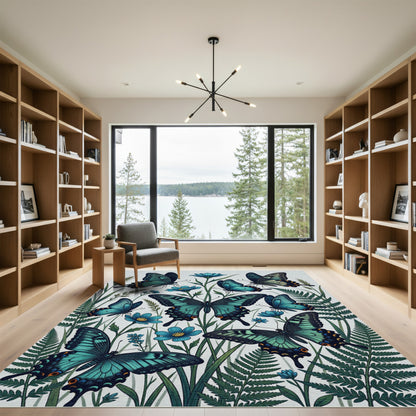 Enchanted Teal Butterfly Garden Illustration Rug