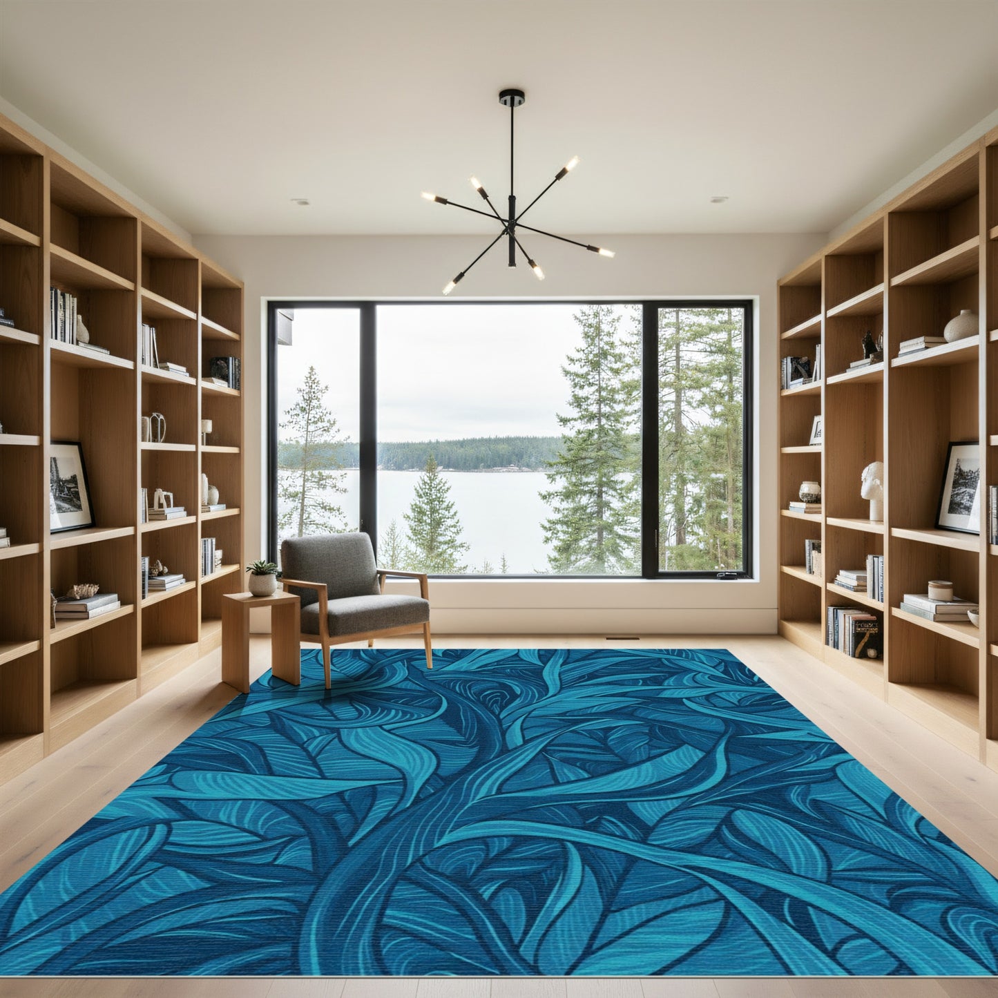 Deep Blue Emerald Foliage Swirls Rug