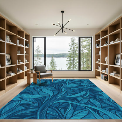 Deep Blue Emerald Foliage Swirls Rug