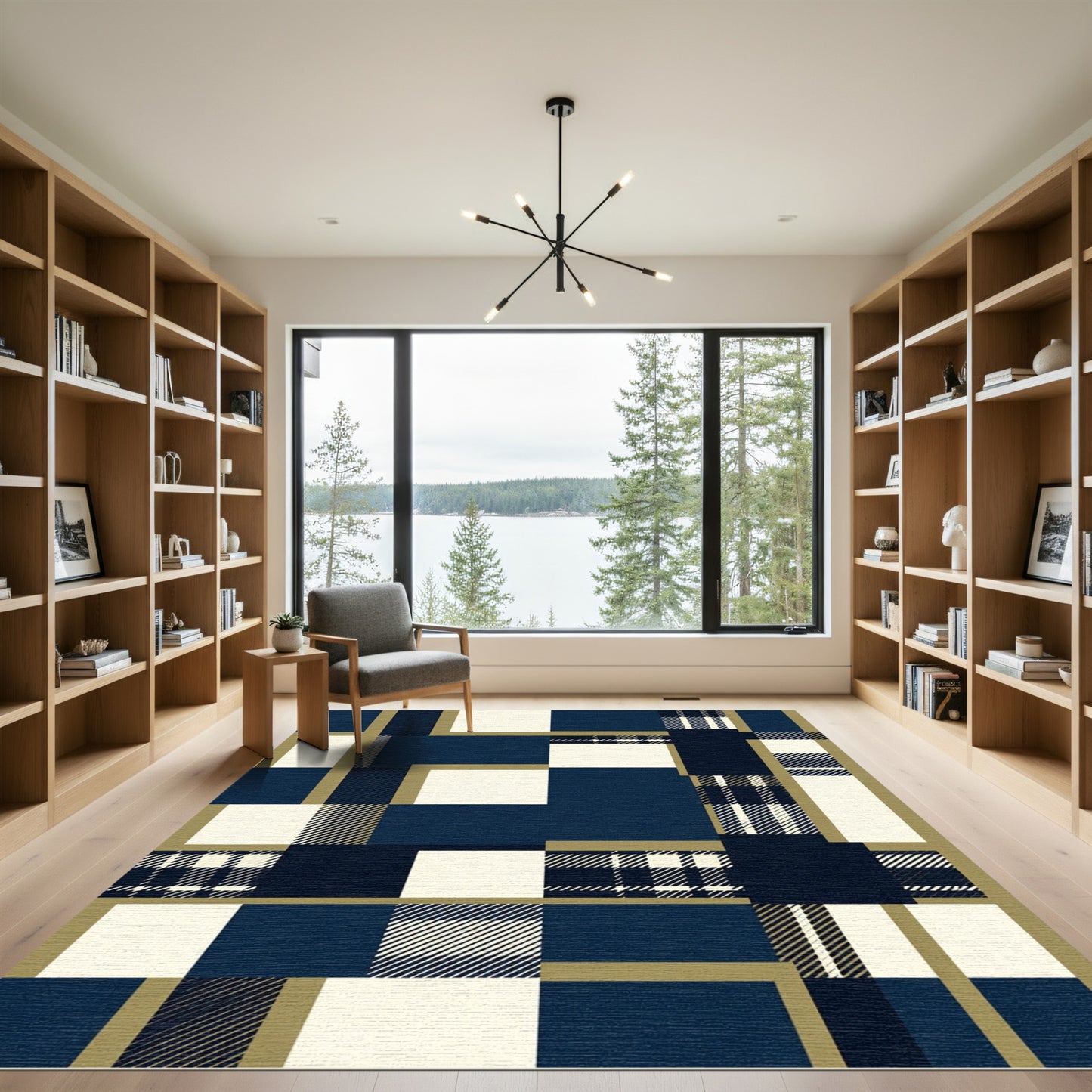 Navy and Cream Plaid Grid Area Rug