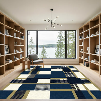 Navy and Cream Plaid Grid Area Rug