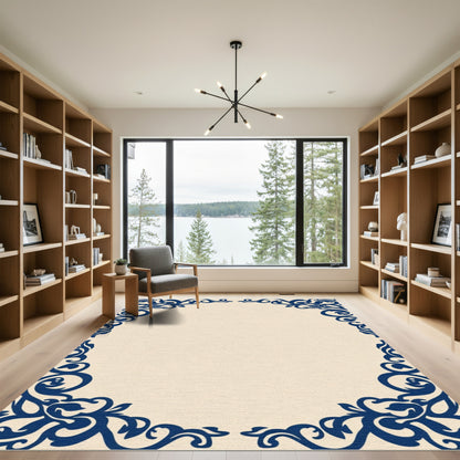 Navy Blue Ornate Scroll Border Rug
