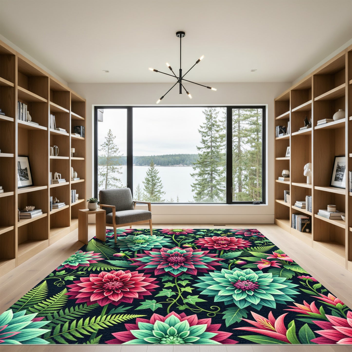 Vibrant Pink and Teal Botanical Dahlia Rug