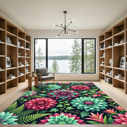 Vibrant Pink and Teal Botanical Dahlia Rug