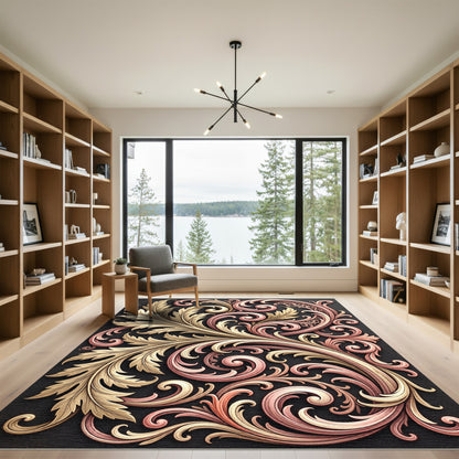 Gold Rose Swirl Flourish Composition Rug