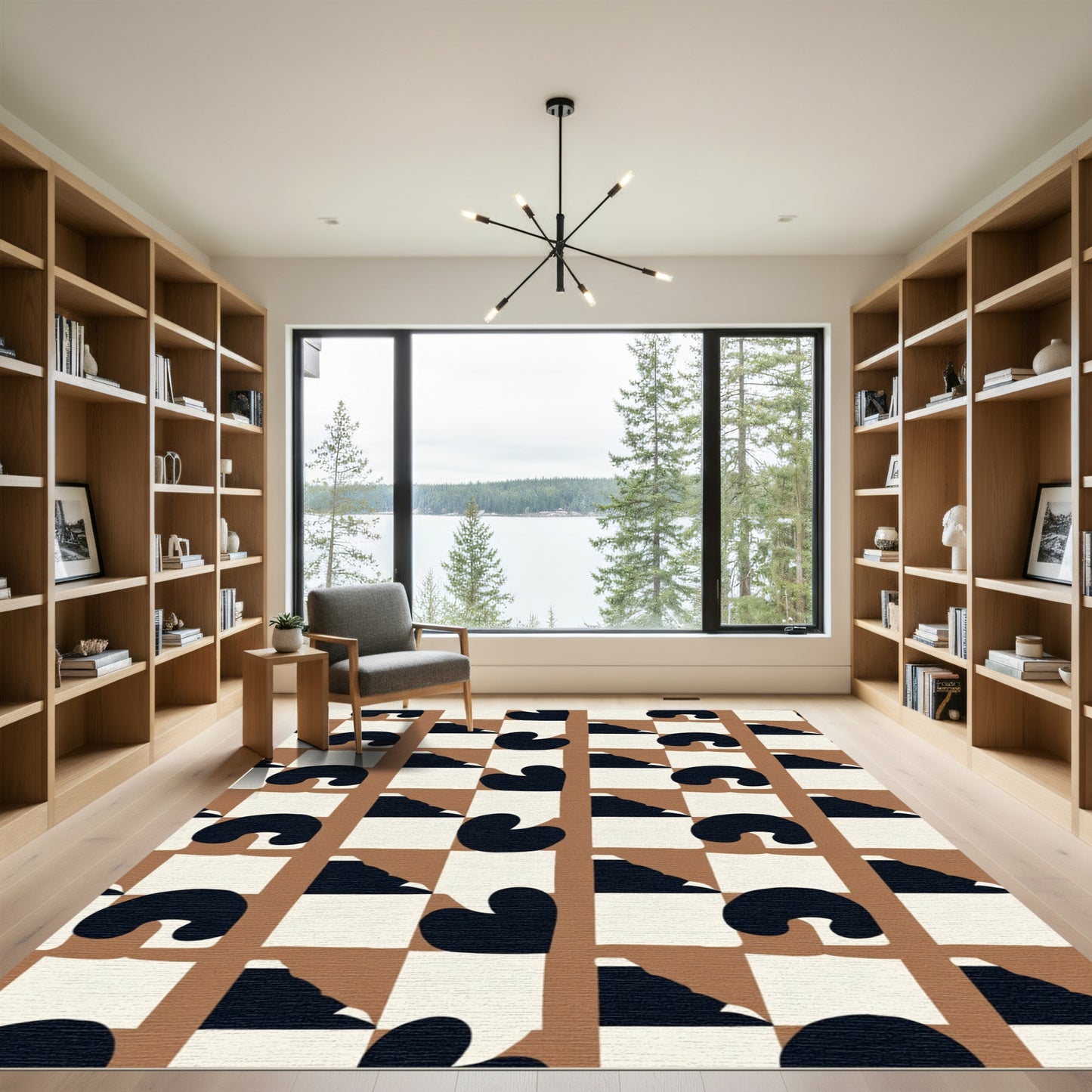 Brown Black White Abstract Checkered Rug