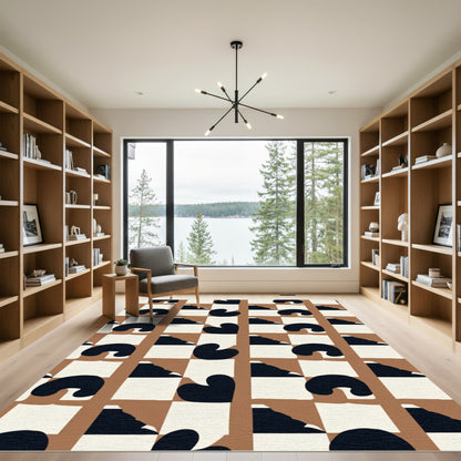 Brown Black White Abstract Checkered Rug