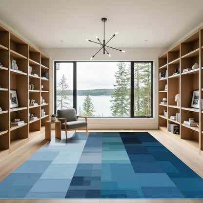 Modern Blue Geometric Gradient Blocks Rug