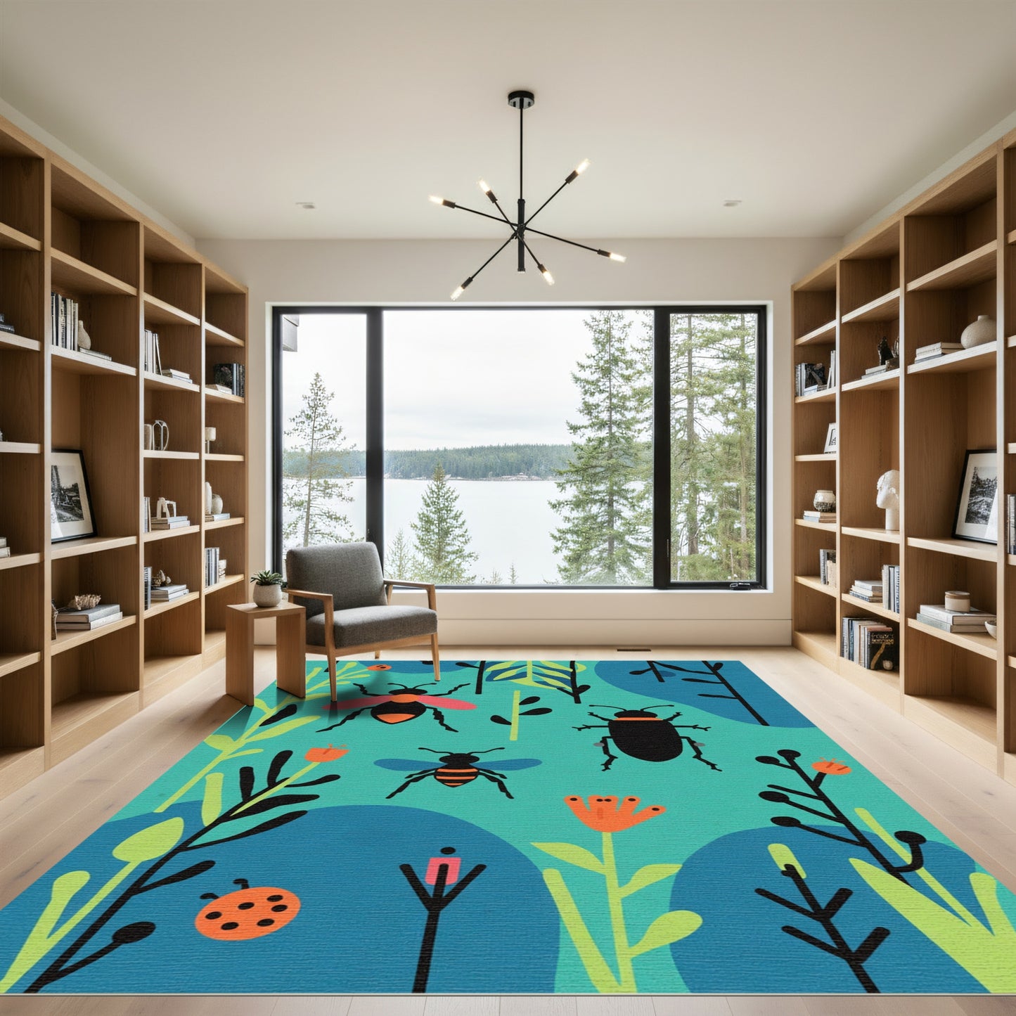Whimsical Bugs and Flowers In Teal Rug