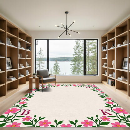 Vibrant Pink Floral Vine Frame Rug
