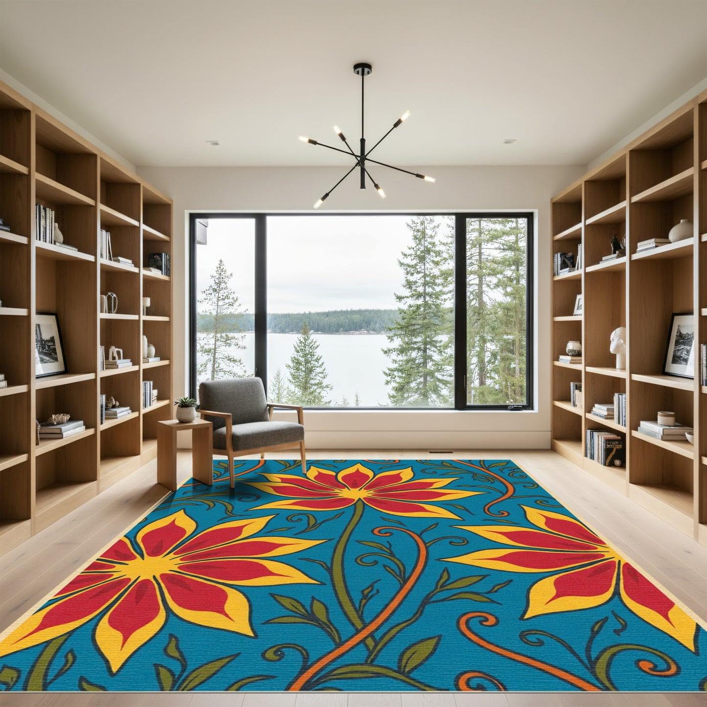 Red Yellow Floral Blue Vines Rug
