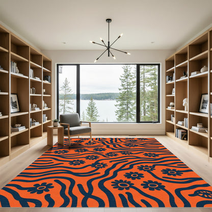 Orange And Navy Floral Flow Rug