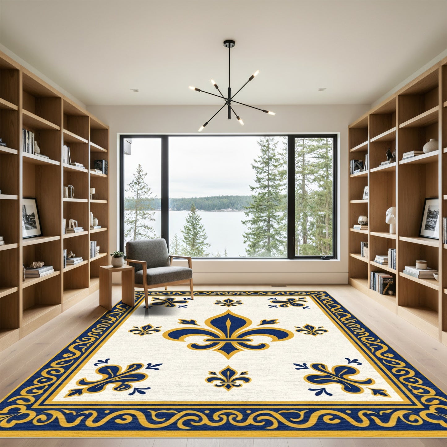 Royal Blue Gold Fleur-de-lis Border Rug