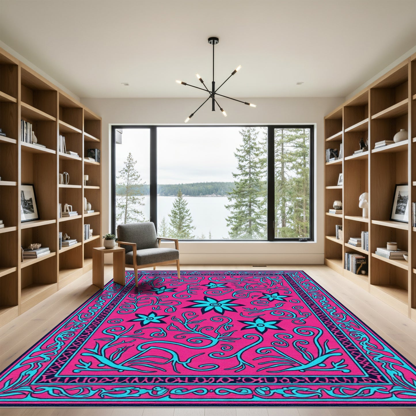 Hot Pink Turquoise Floral Vine Medallion Rug