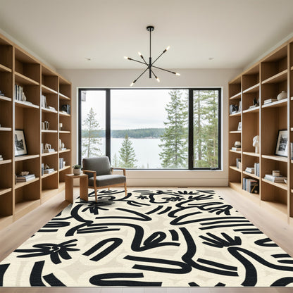 Abstract Black Beige Line Art Rug