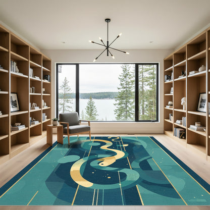 Dark Teal Gold Serpent Abstract Rug