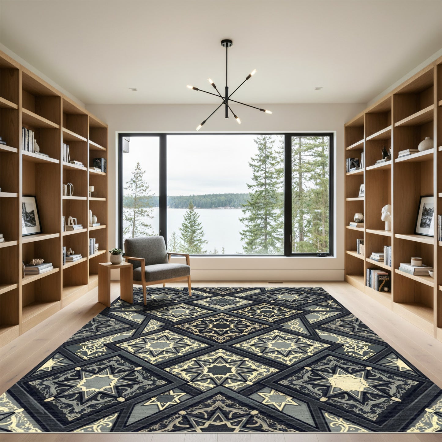 Midnight Anthracite Star Geometric Tile Rug