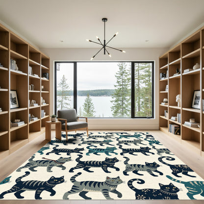 Whimsical Gray Blue Striped Cat Collage Rug
