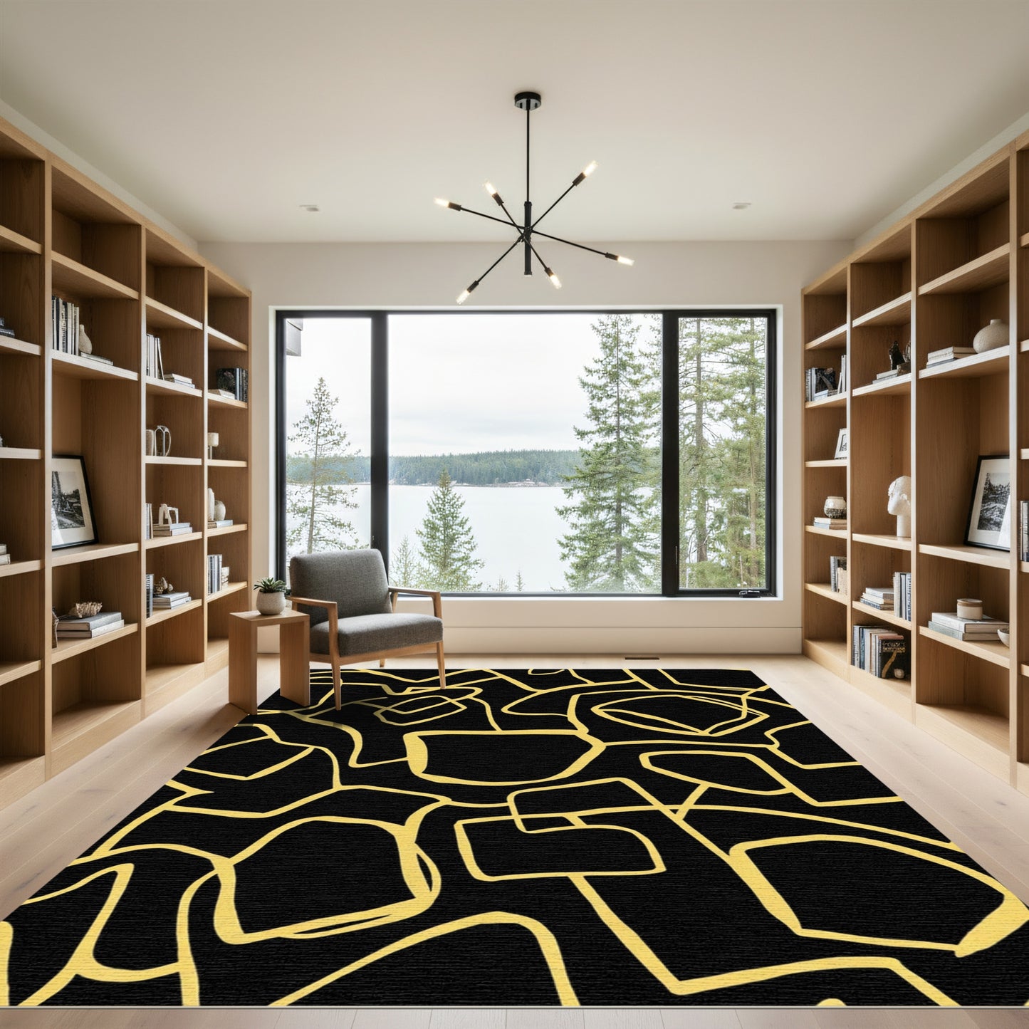 Black and Gold Abstract Organic Lines Rug