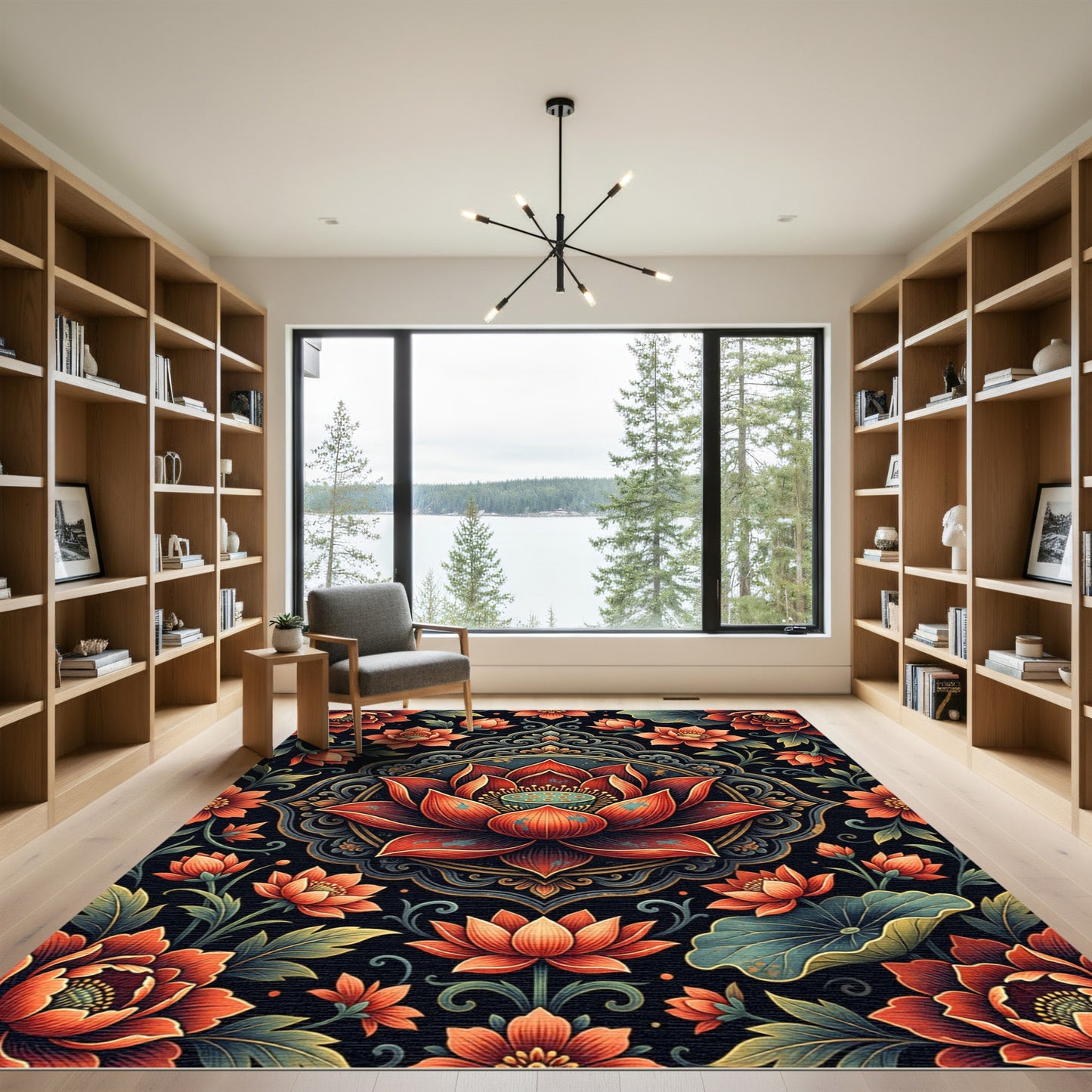 Ornate Crimson Lotus Mandala Floral Rug