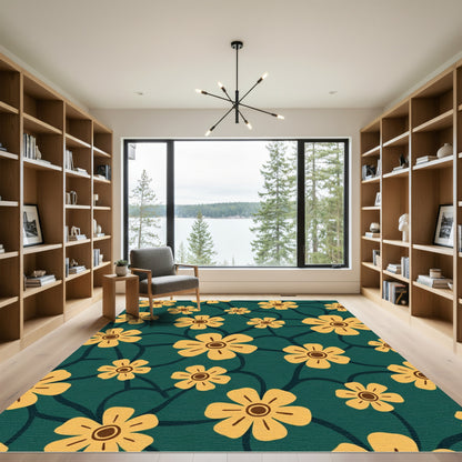 Golden Yellow Flowers Dark Teal Background Rug