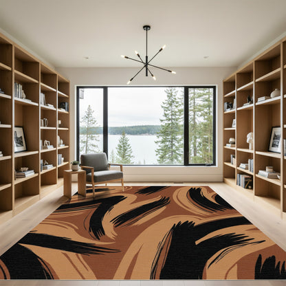 Bold Brown Black Brushstroke Swirl Rug