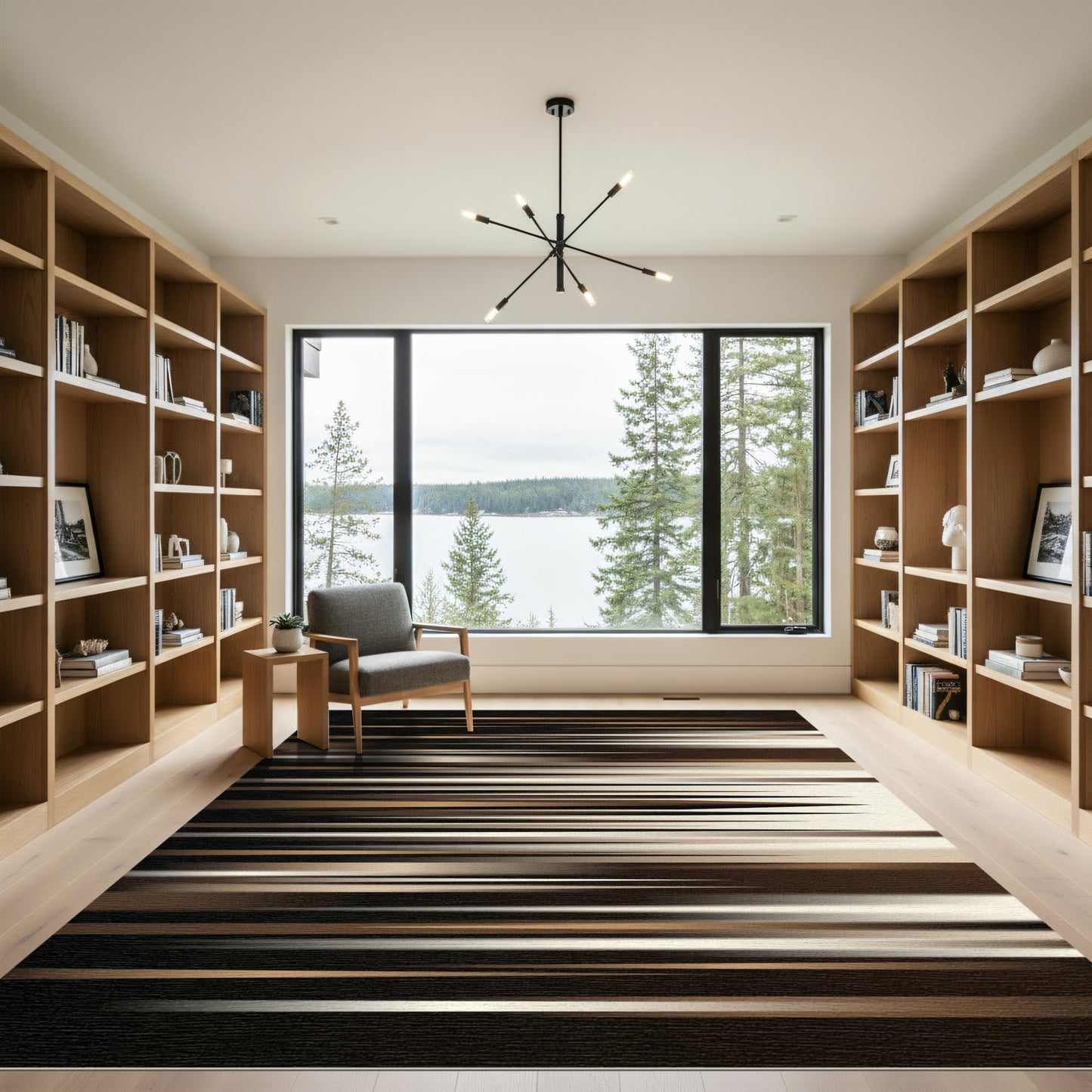 Modern Bronze and Cream Linear Abstract Rug