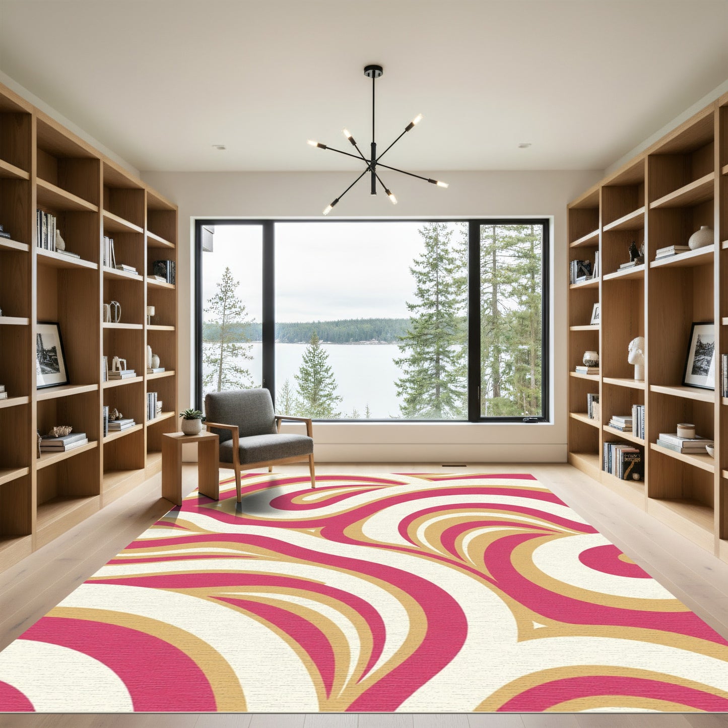 Vibrant Red Gold Swirl Waves Rug