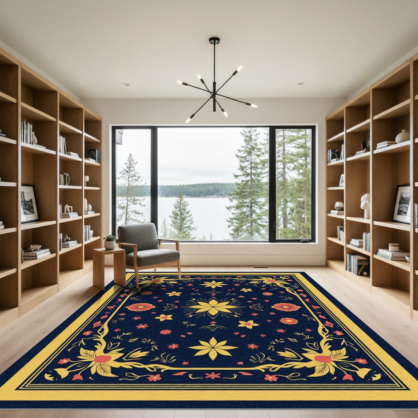 Dark Blue Golden Floral Garland Rug