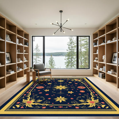 Dark Blue Golden Floral Garland Rug