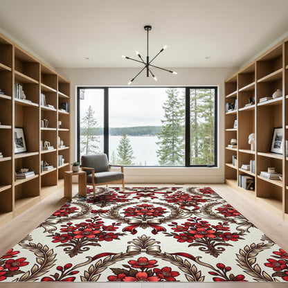 Crimson Floral Laurel Ribbon Garland Rug